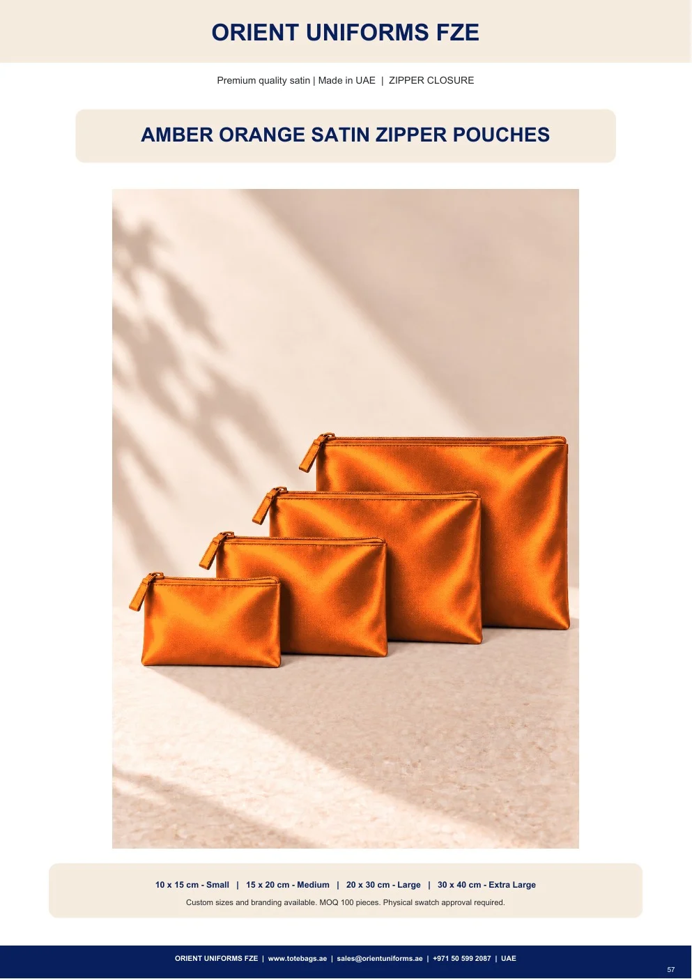 Amber Orange Satin Zipper Pouches