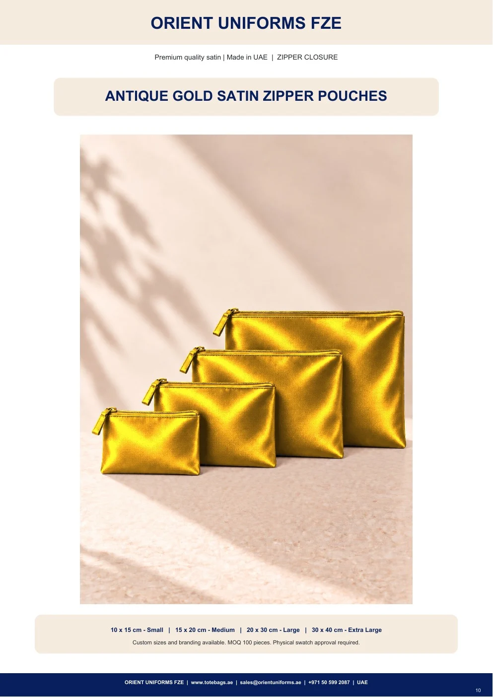 Antique Gold Satin Zipper Pouches
