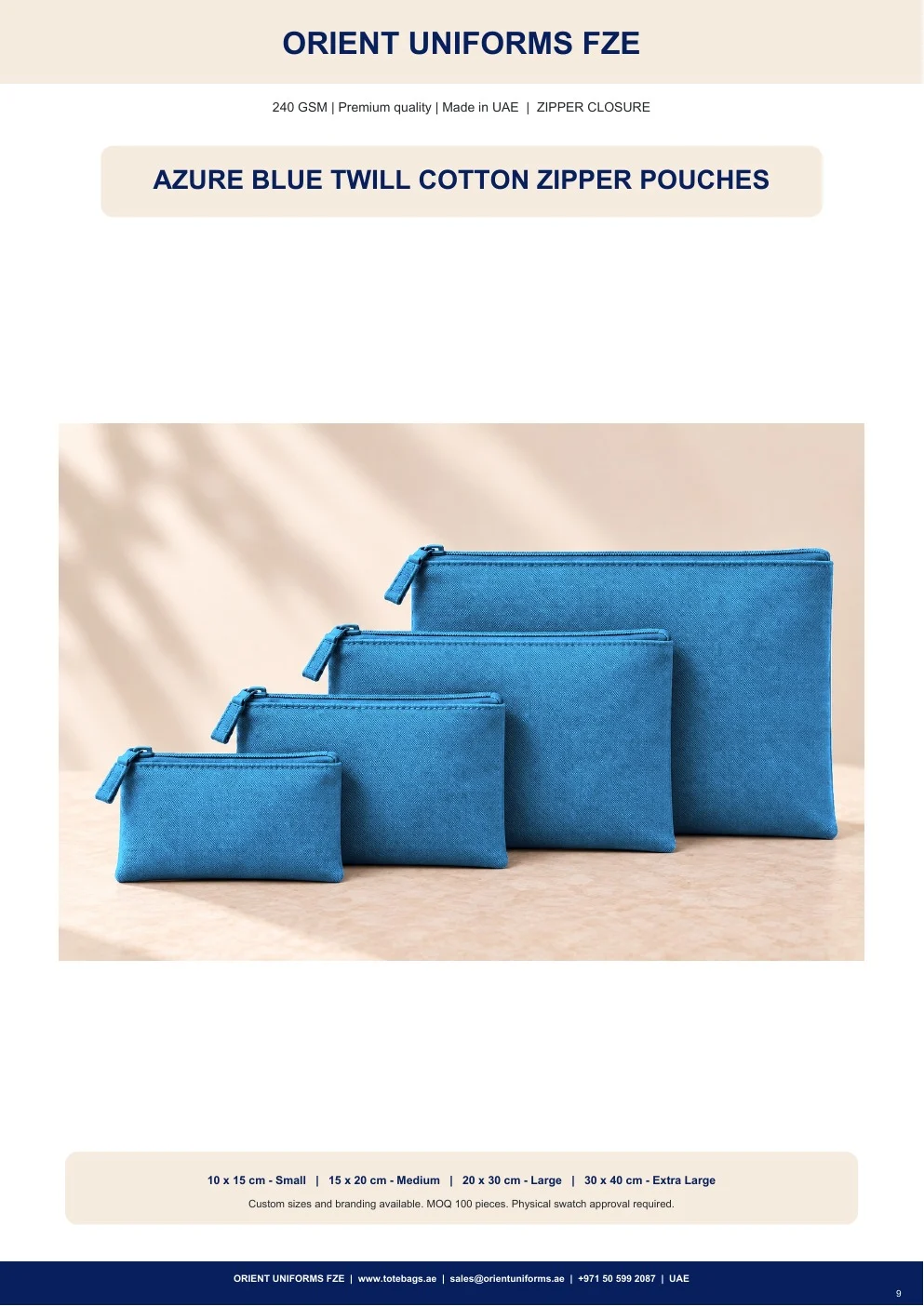 Azure Blue Twill Cotton Zipper Pouches