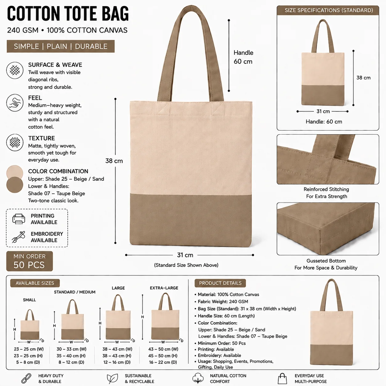 Beige Cotton Tote Bag Carryall Shopper Beige Cotton Tote Bag Carryall Shopper