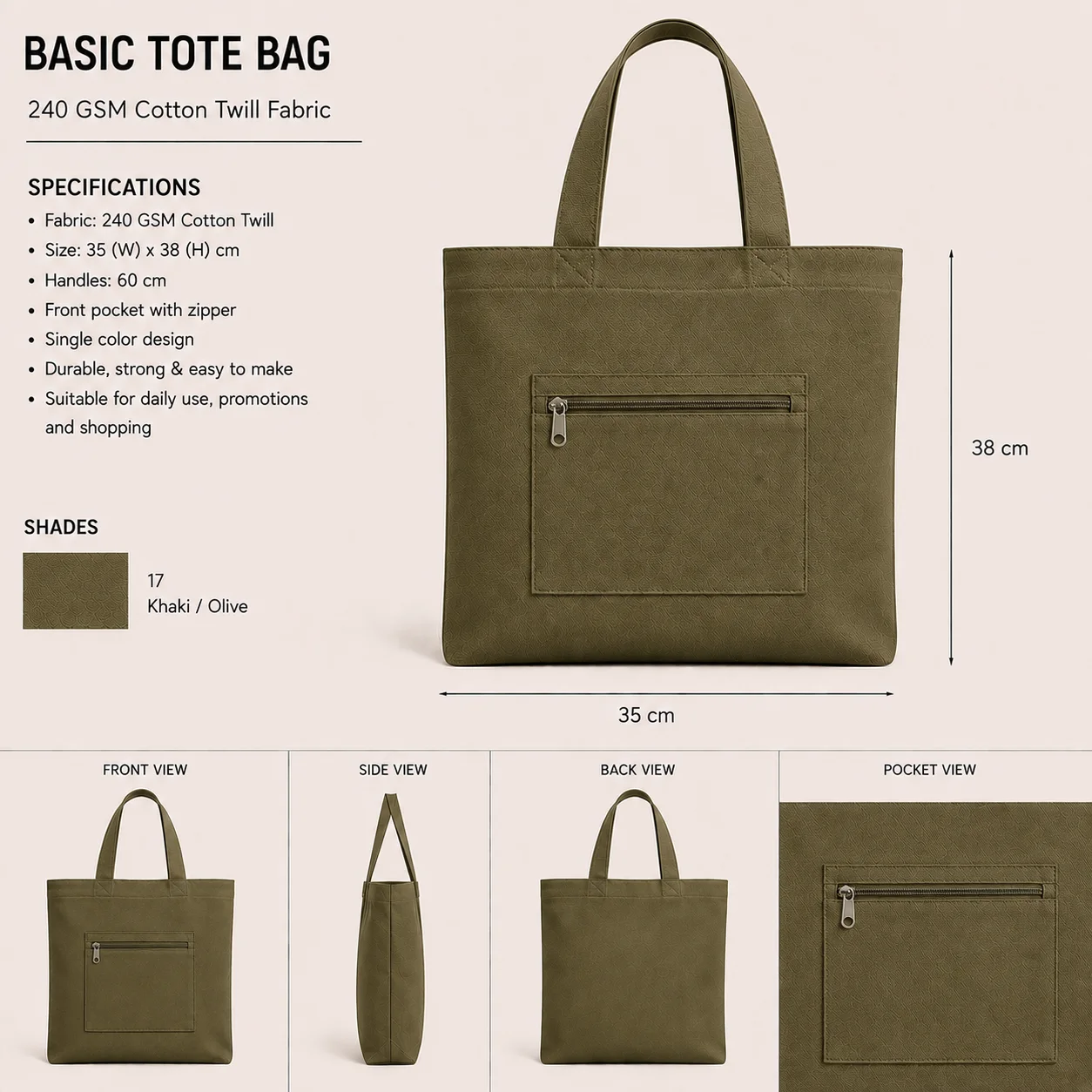 Beige Cotton Tote Bag Classic Shopper Beige Cotton Tote Bag Classic Shopper