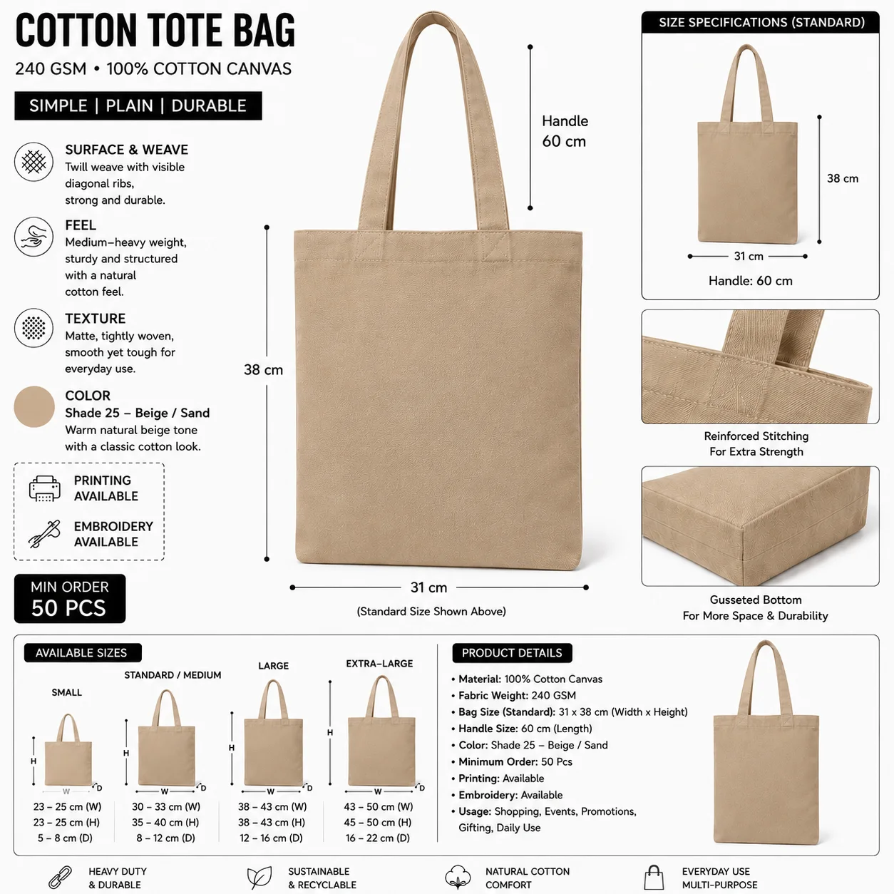 Beige Cotton Tote Bag Event Shopper