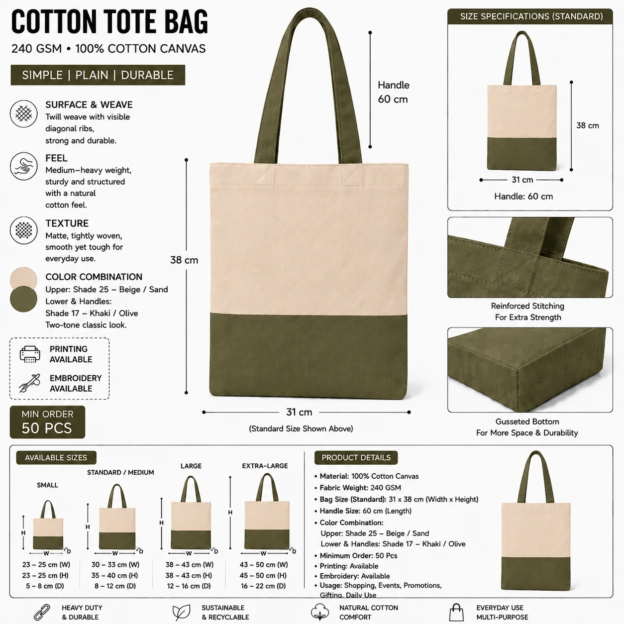 Beige Cotton Tote Bag Gift Shopper