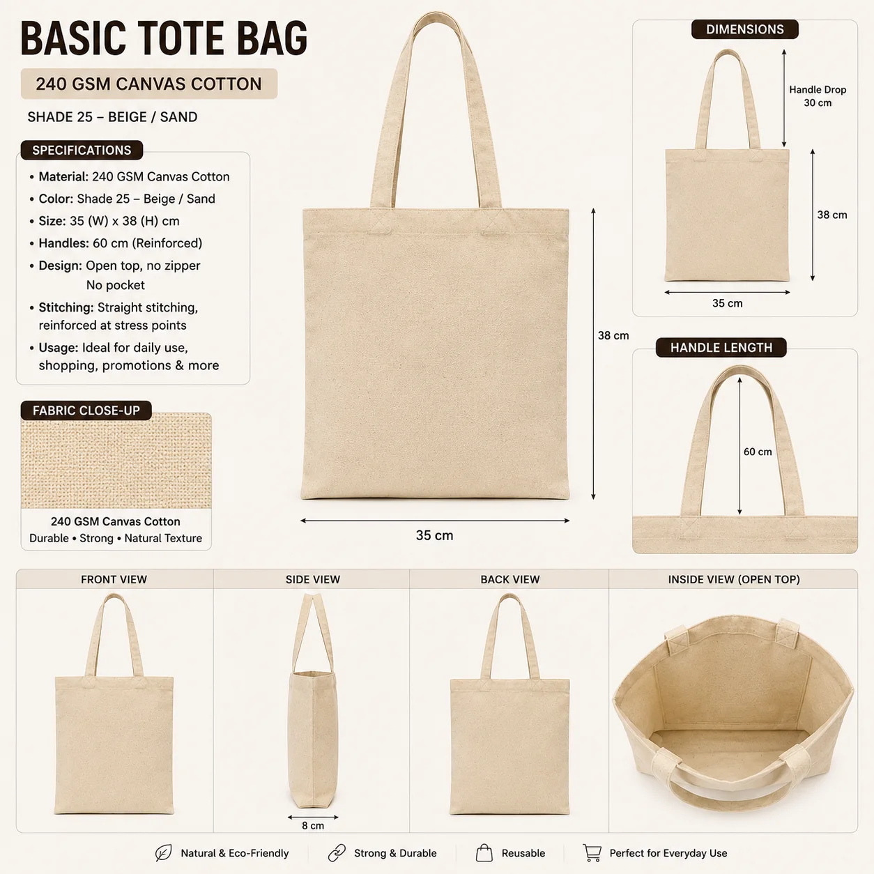 Beige Cotton Tote Bag Presentation Shopper