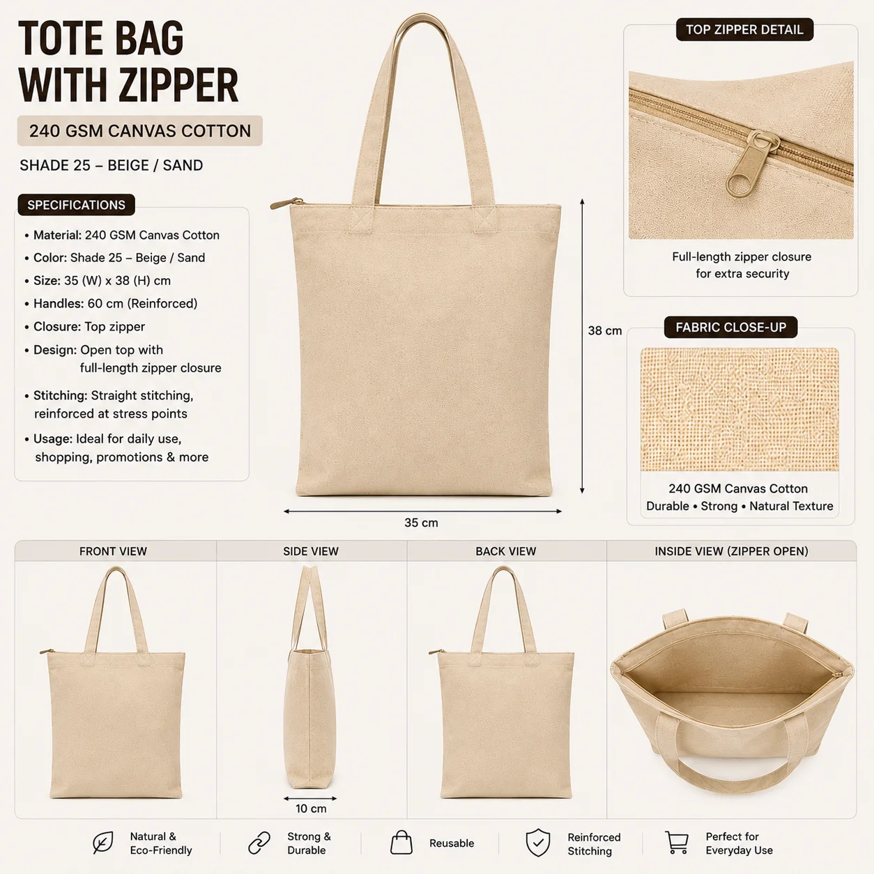 Beige Cotton Tote Bag Reusable Shopper