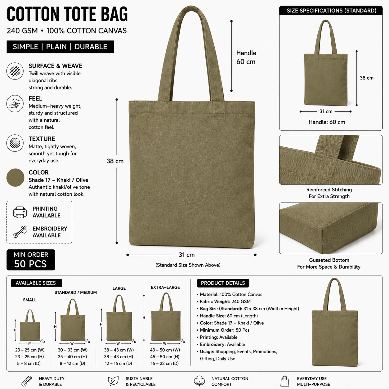 Beige Cotton Tote Bag Travel Shopper