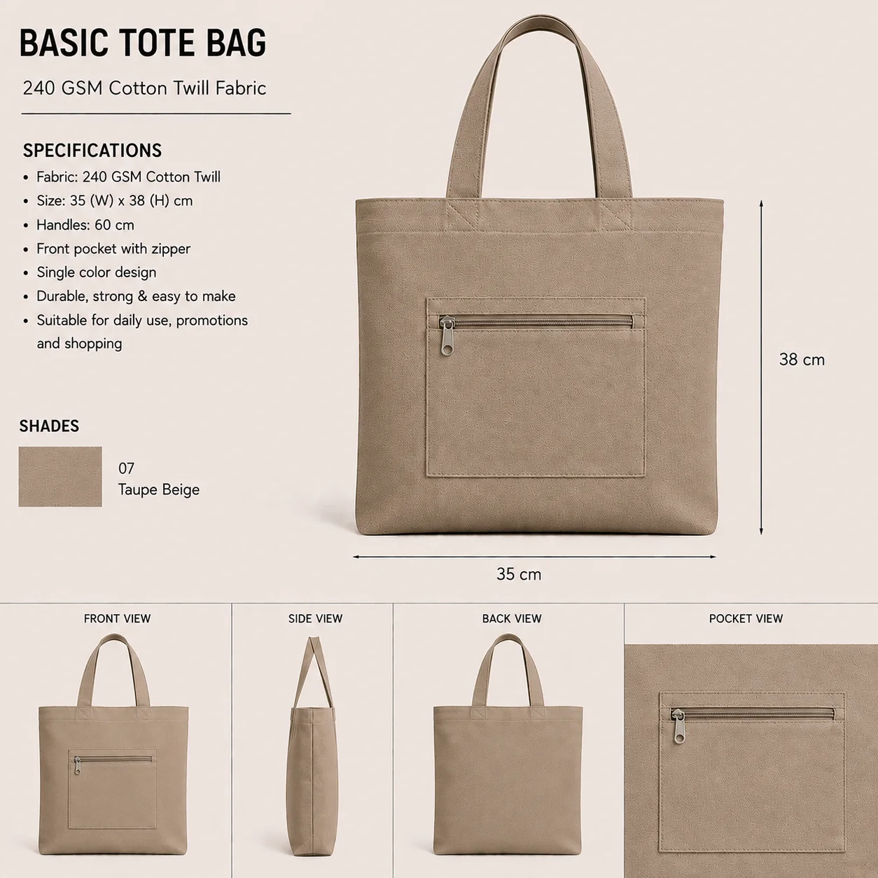 Beige Cotton Tote Bag Utility Shopper