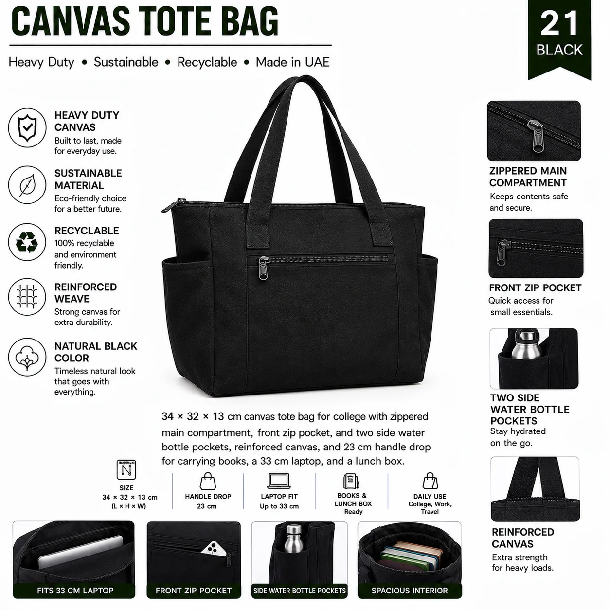 Black Canvas Tote Bag Carryall Shopper