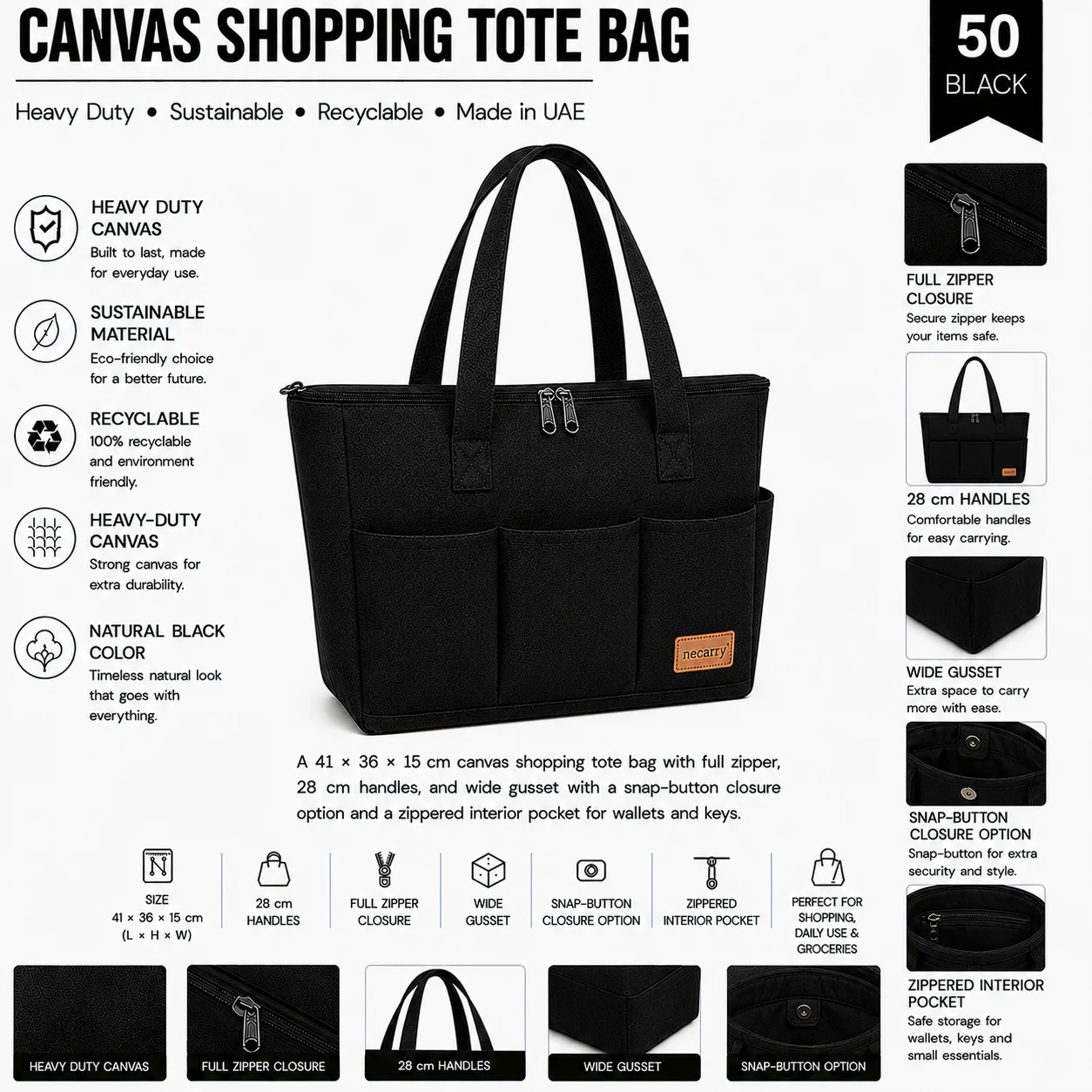 Black Canvas Tote Bag Travel Shopper
