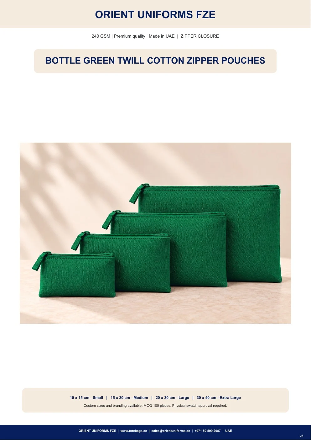 Bottle Green Twill Cotton Zipper Pouches
