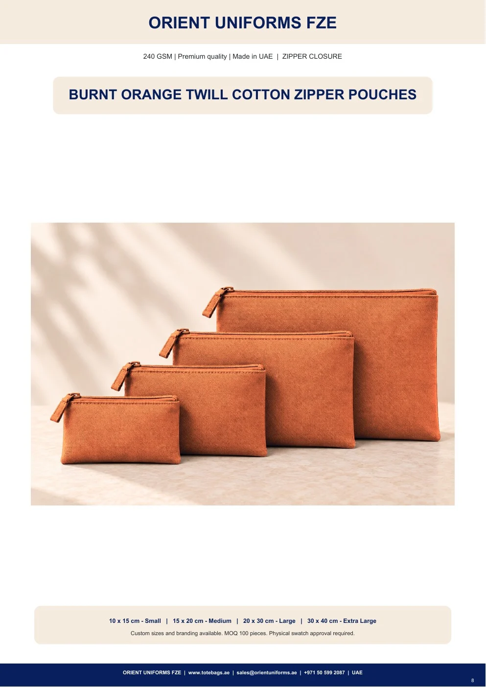 Burnt Orange Twill Cotton Zipper Pouches