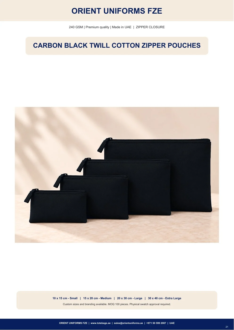 Carbon Black Twill Cotton Zipper Pouches
