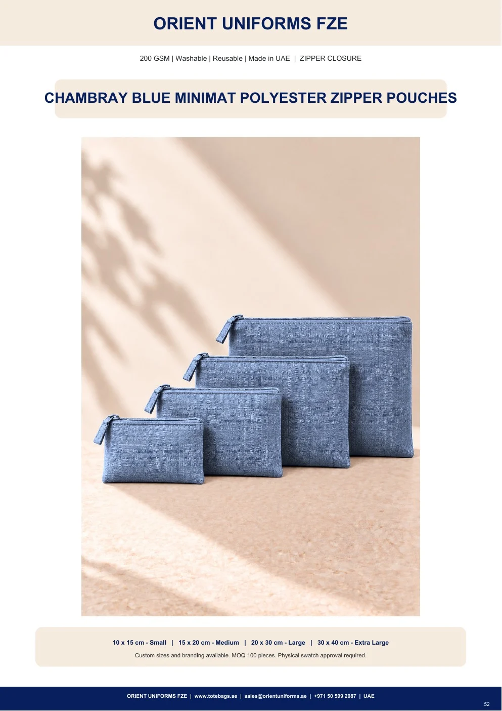 Chambray Blue Minimat Polyester Zipper Pouches