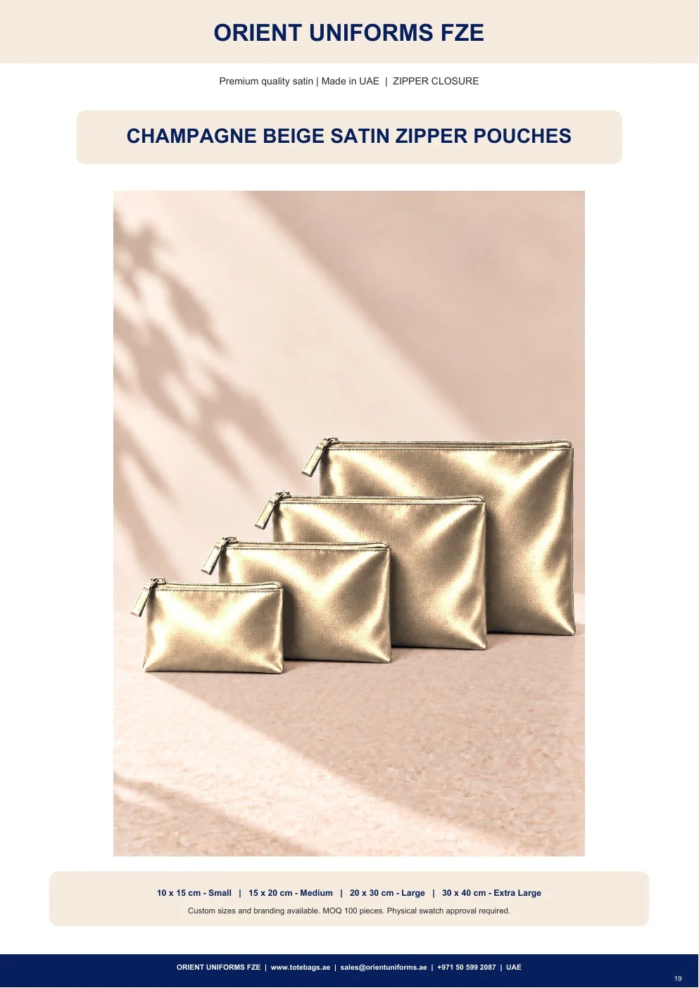 Champagne Beige Satin Zipper Pouches