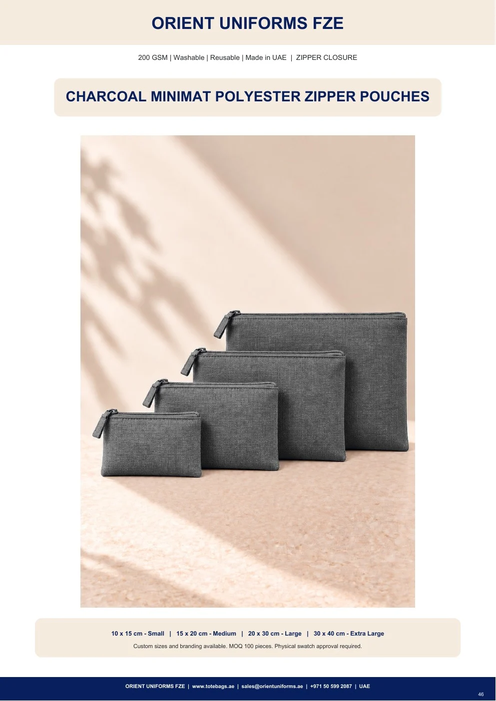 Charcoal Minimat Polyester Zipper Pouches