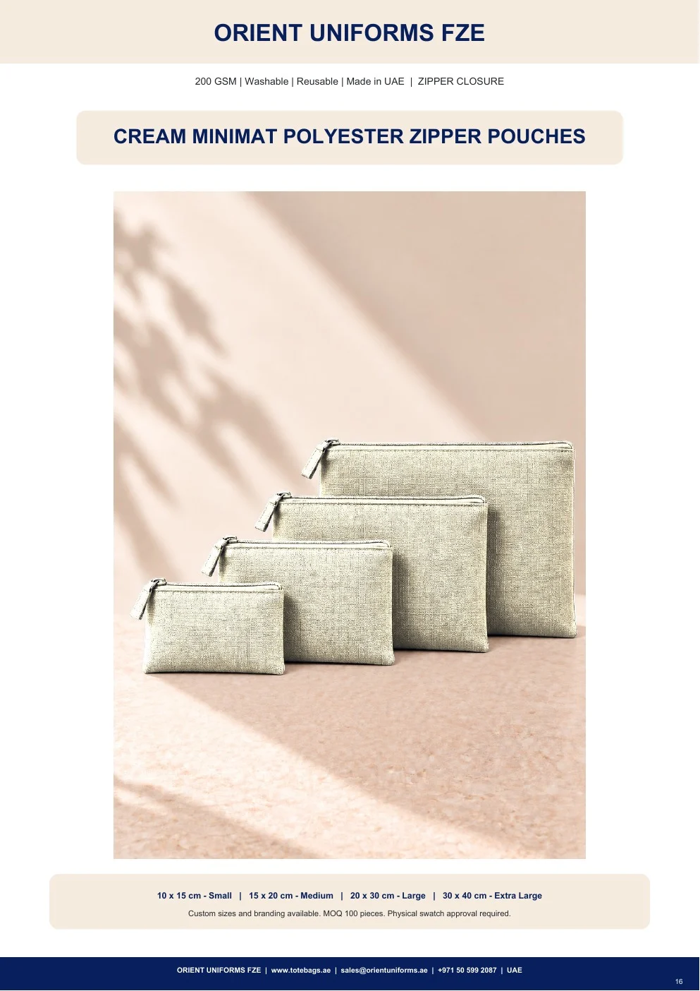 Cream Minimat Polyester Zipper Pouches