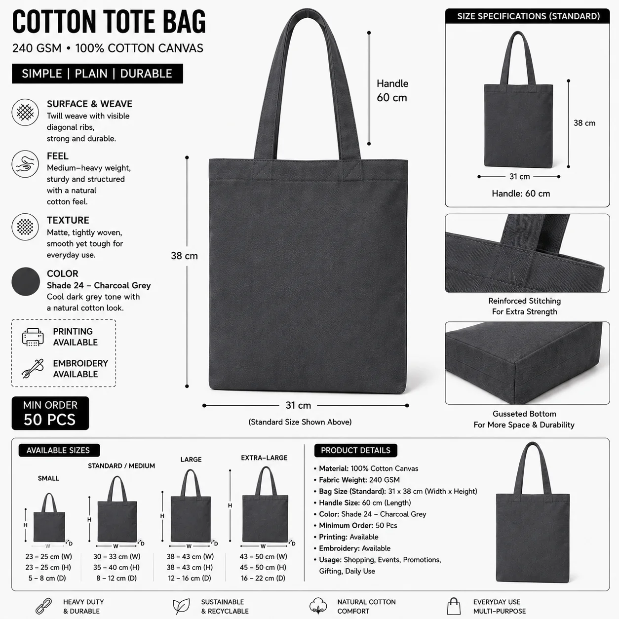 Dark Grey Cotton Tote Bag Corporate Shopper