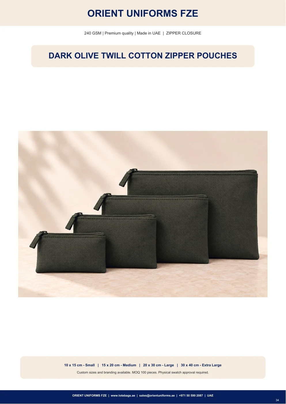 Dark Olive Twill Cotton Zipper Pouches
