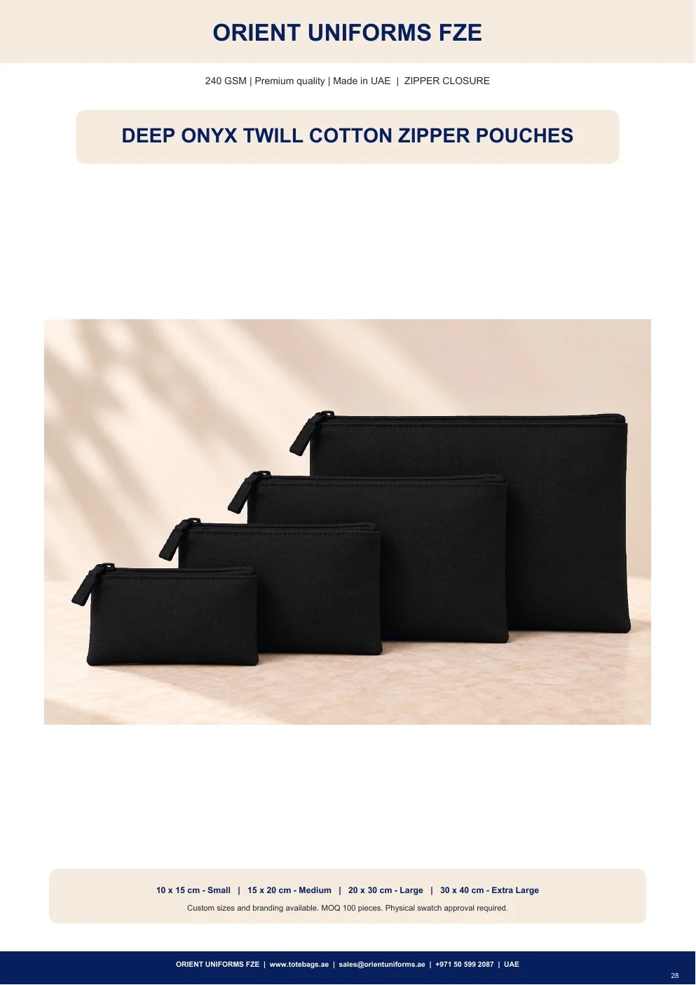 Deep Onyx Twill Cotton Zipper Pouches