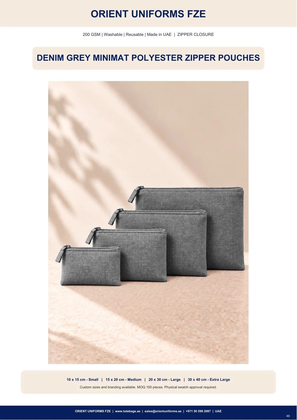 Denim Grey Minimat Polyester Zipper Pouches