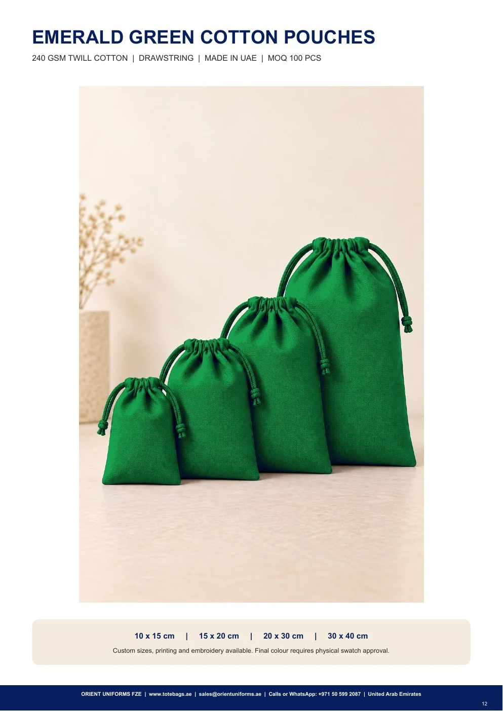 Emerald Green Cotton Drawstring Pouches Emerald Green Cotton Drawstring Pouches