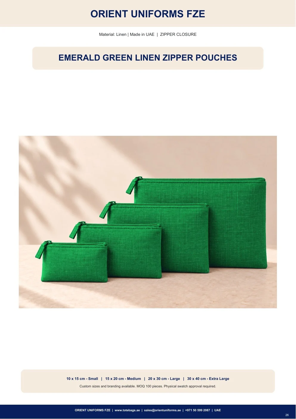 Emerald Green Linen Zipper Pouches