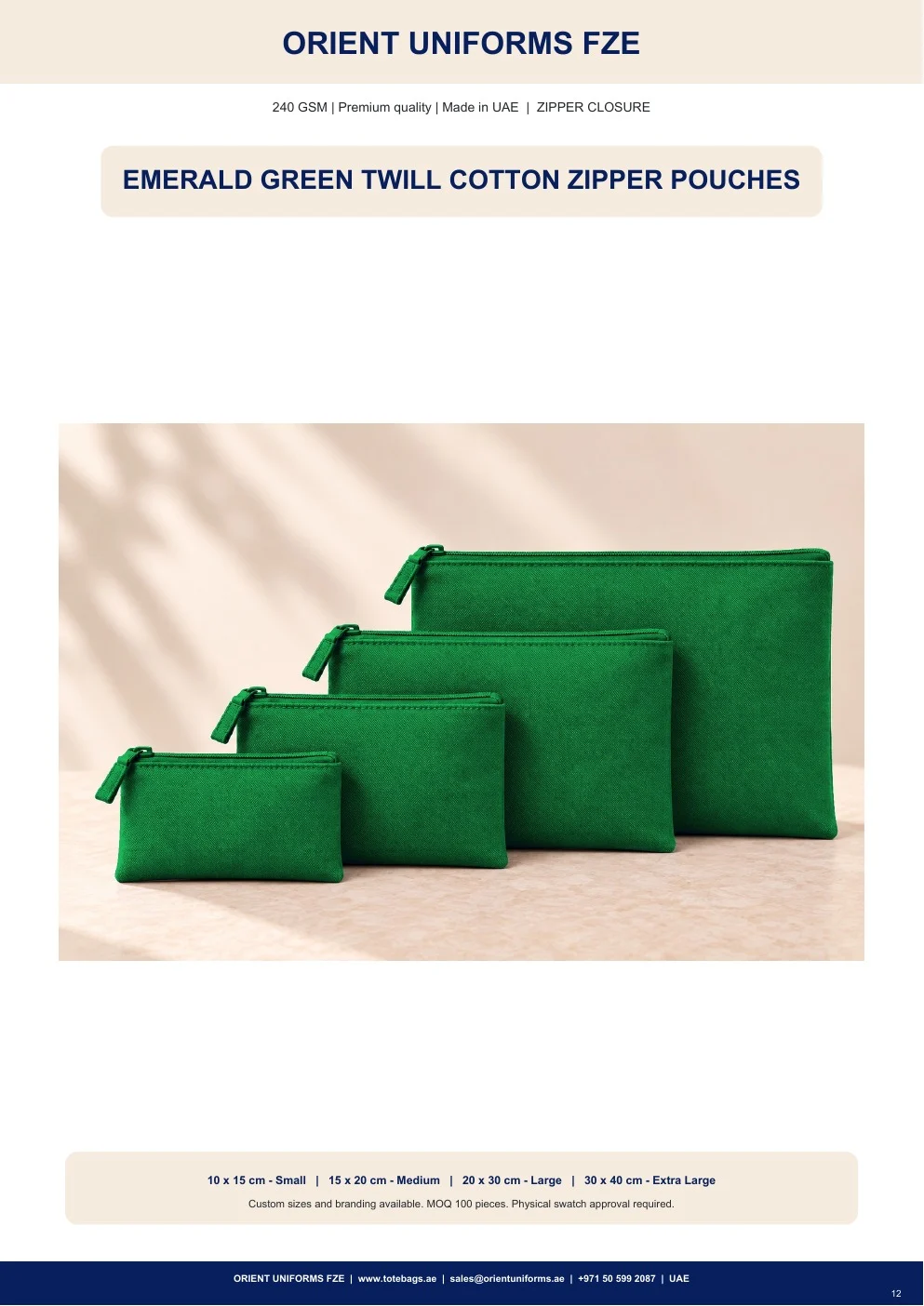 Emerald Green Twill Cotton Zipper Pouches