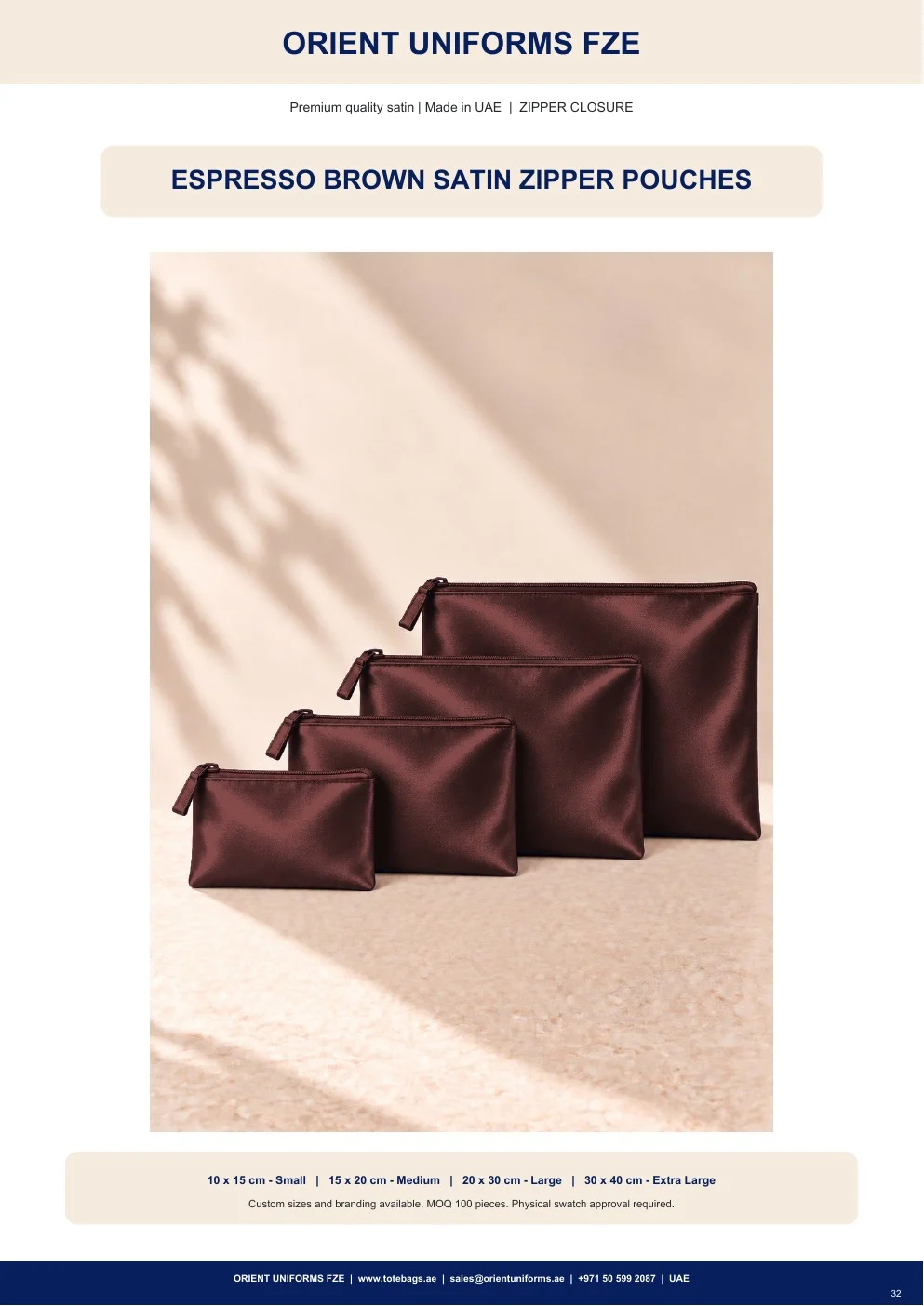 Espresso Brown Satin Zipper Pouches