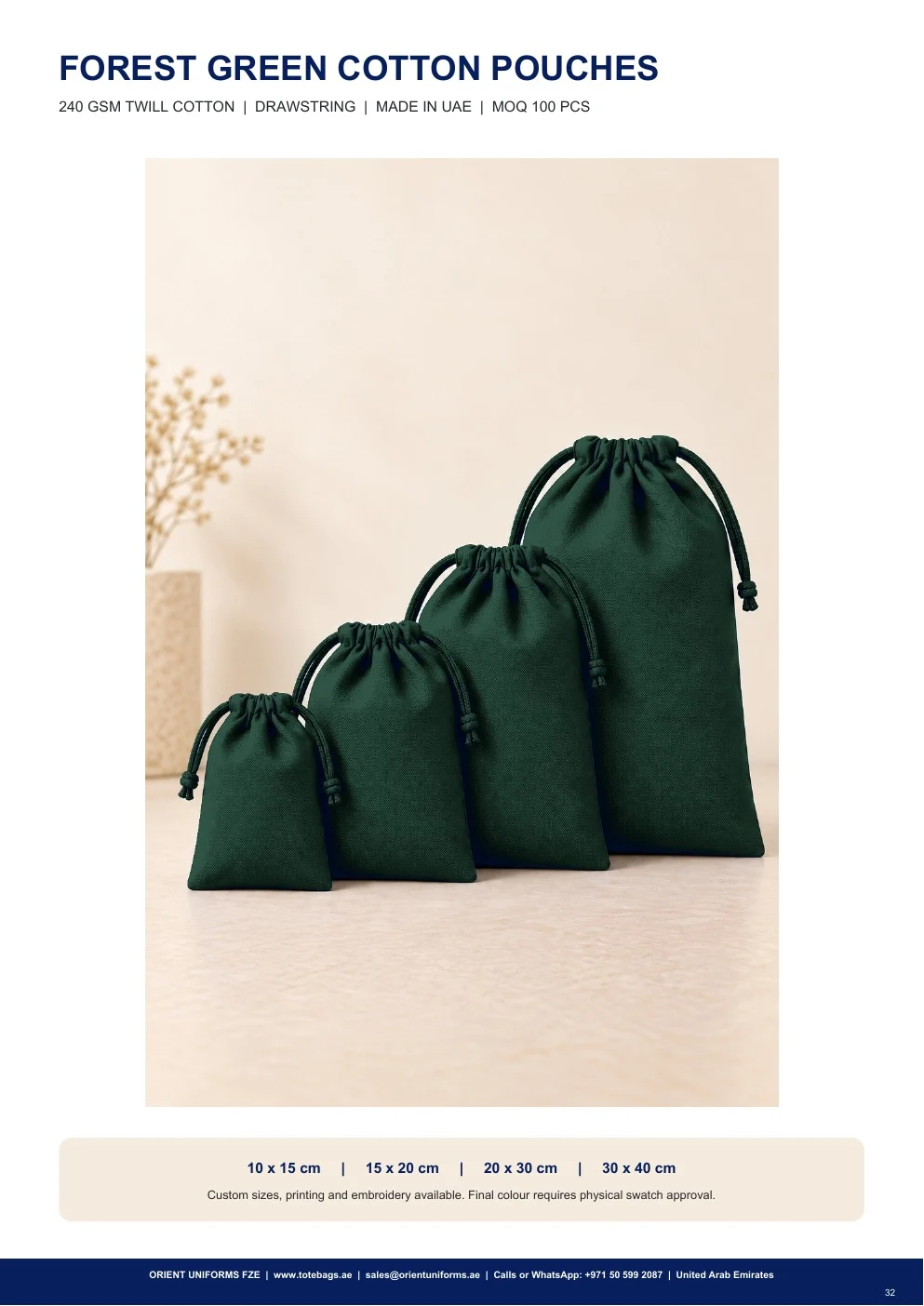 Forest Green Cotton Drawstring Pouches Forest Green Cotton Drawstring Pouches
