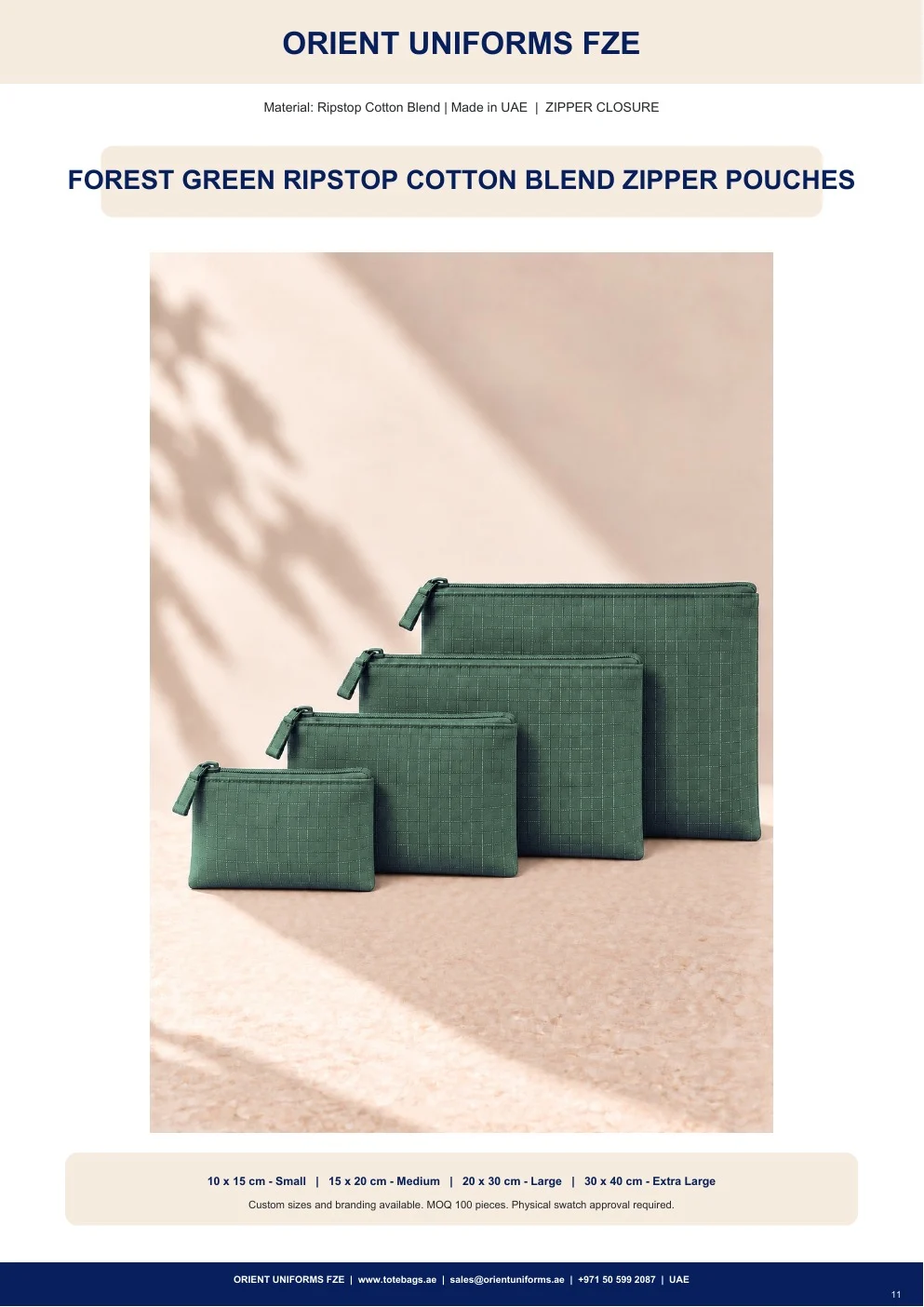 Forest Green Ripstop Cotton Blend Zipper Pouches Forest Green Ripstop Cotton Blend Zipper Pouches