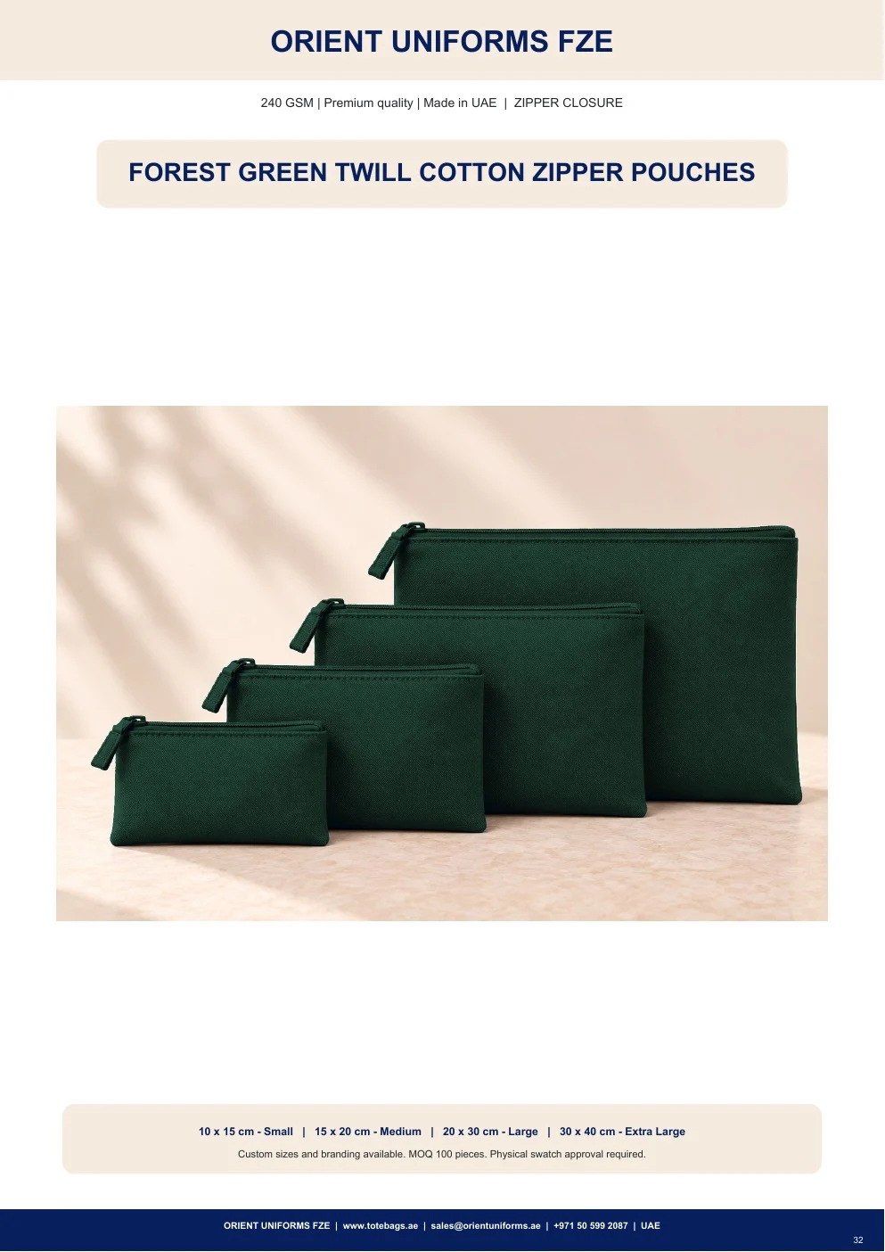 Forest Green Twill Cotton Zipper Pouches