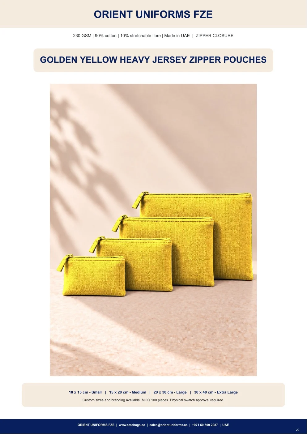 Golden Yellow Heavy Jersey Zipper Pouches