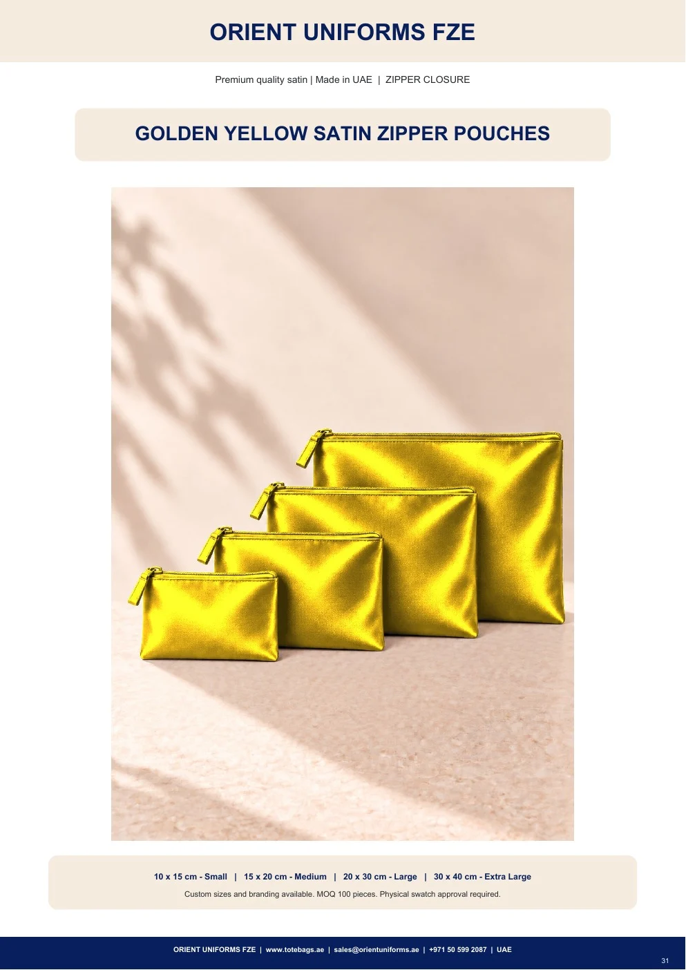 Golden Yellow Satin Zipper Pouches