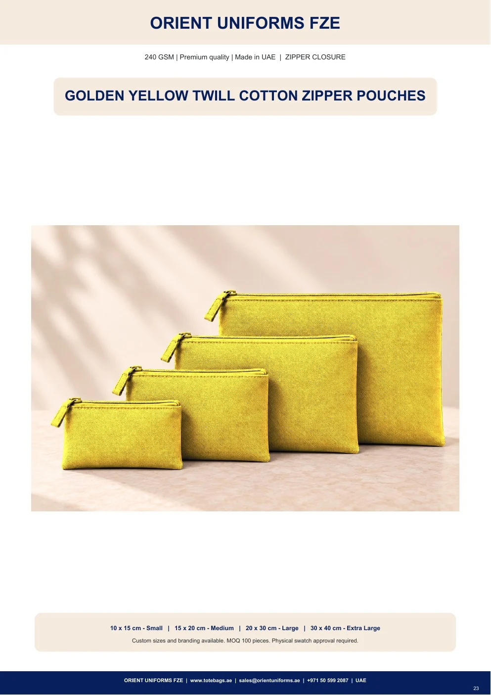 Golden Yellow Twill Cotton Zipper Pouches