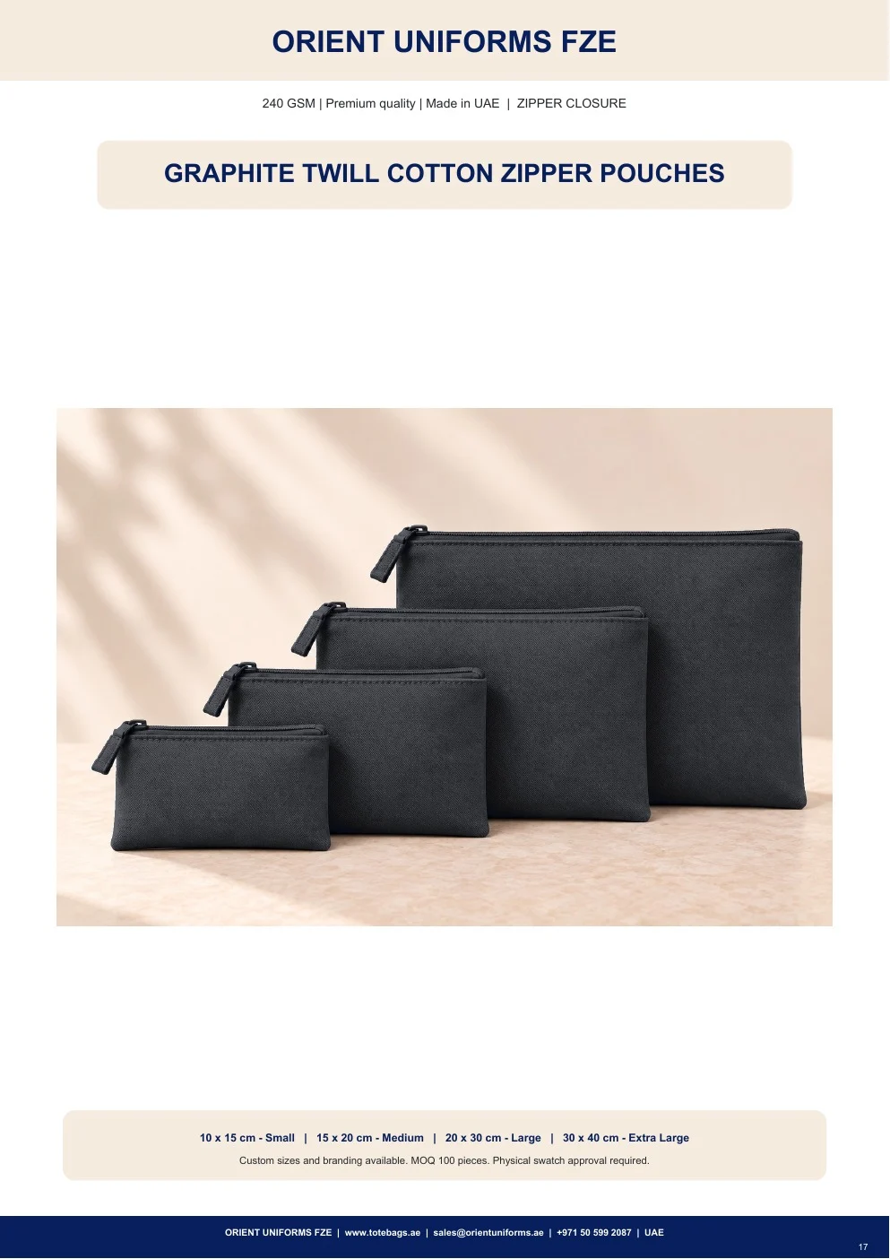 Graphite Twill Cotton Zipper Pouches
