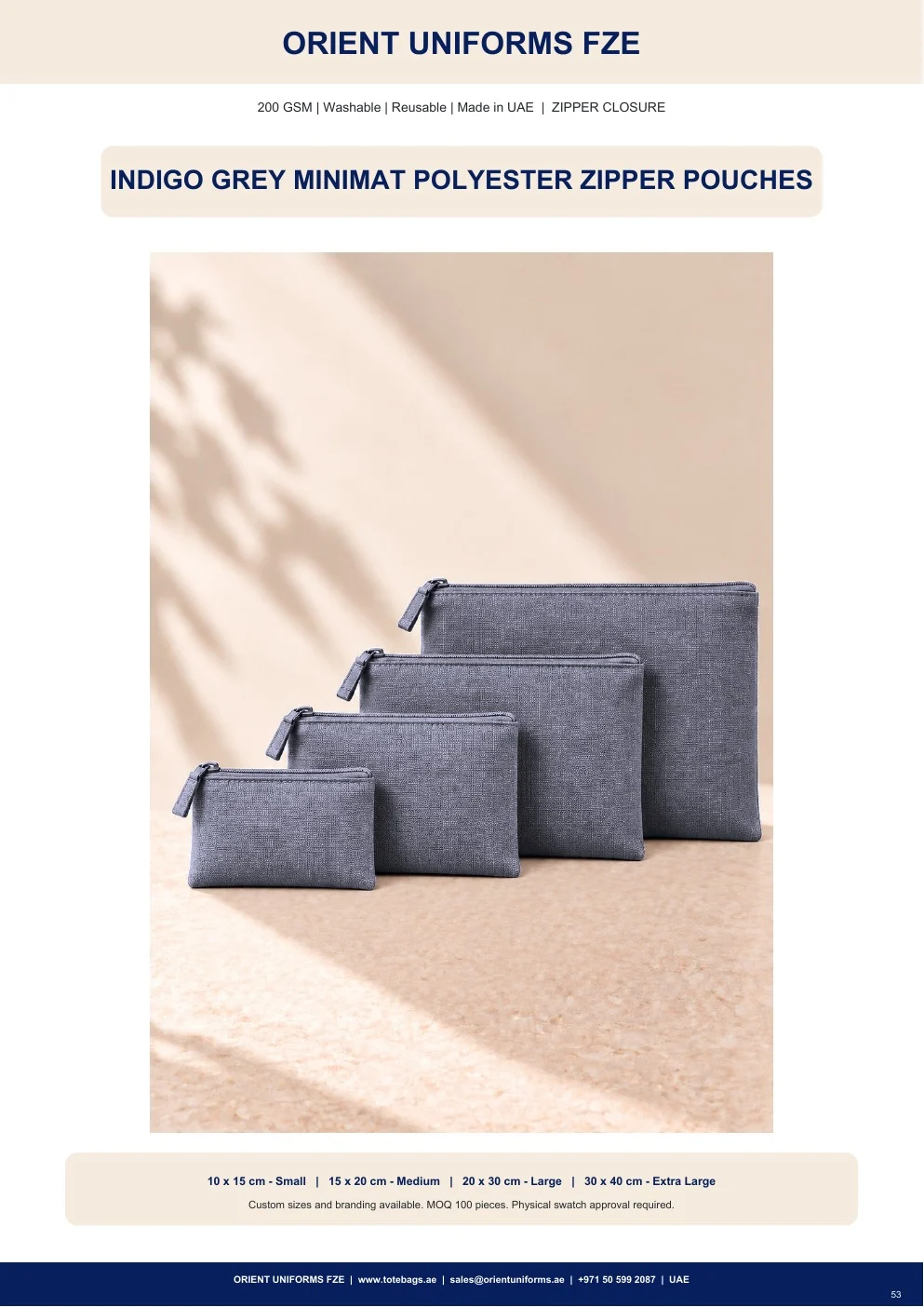 Indigo Grey Minimat Polyester Zipper Pouches