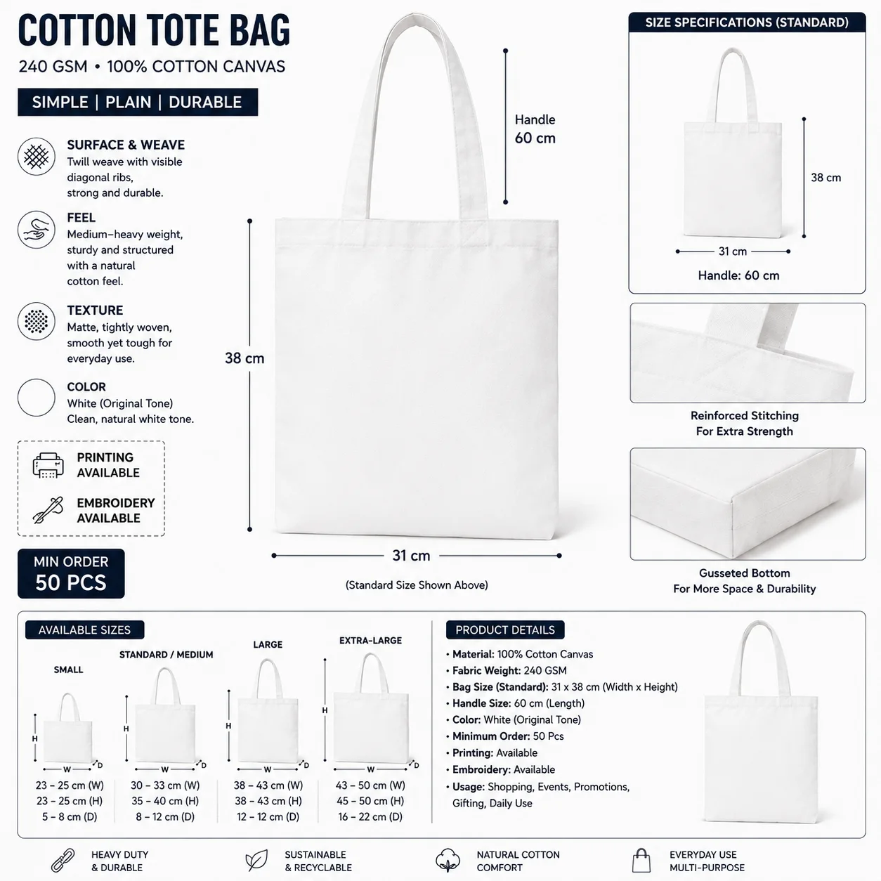 Light Grey Cotton Tote Bag Reusable Shopper