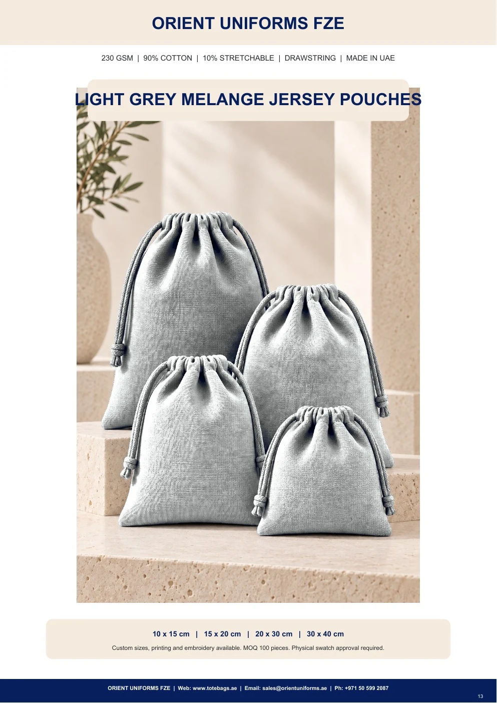 Light Grey Melange Jersey Drawstring Pouches Light Grey Melange Jersey Drawstring Pouches