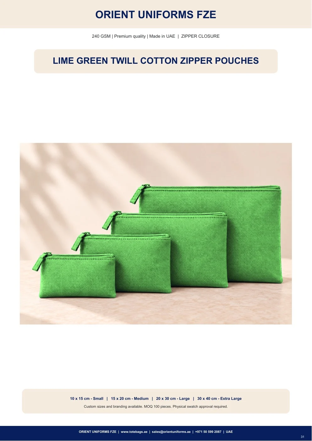 Lime Green Twill Cotton Zipper Pouches