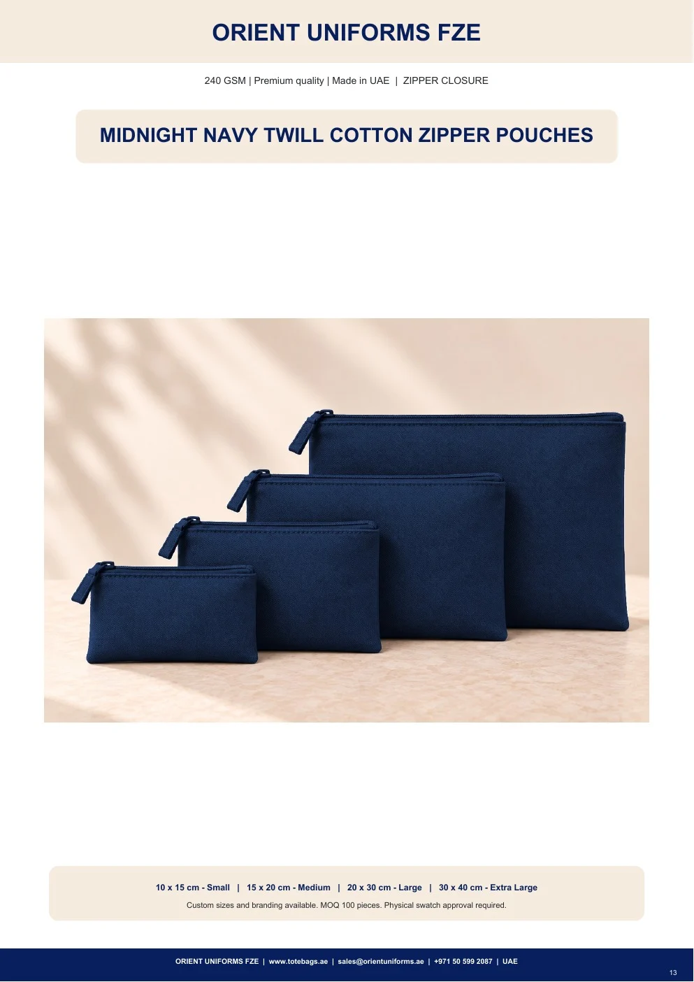 Midnight Navy Twill Cotton Zipper Pouches