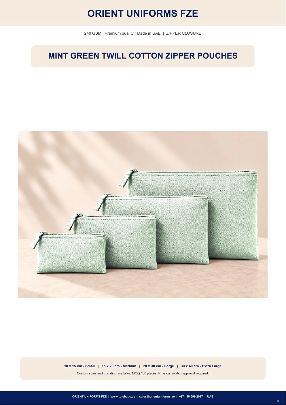 Mint Green Twill Cotton Zipper Pouches