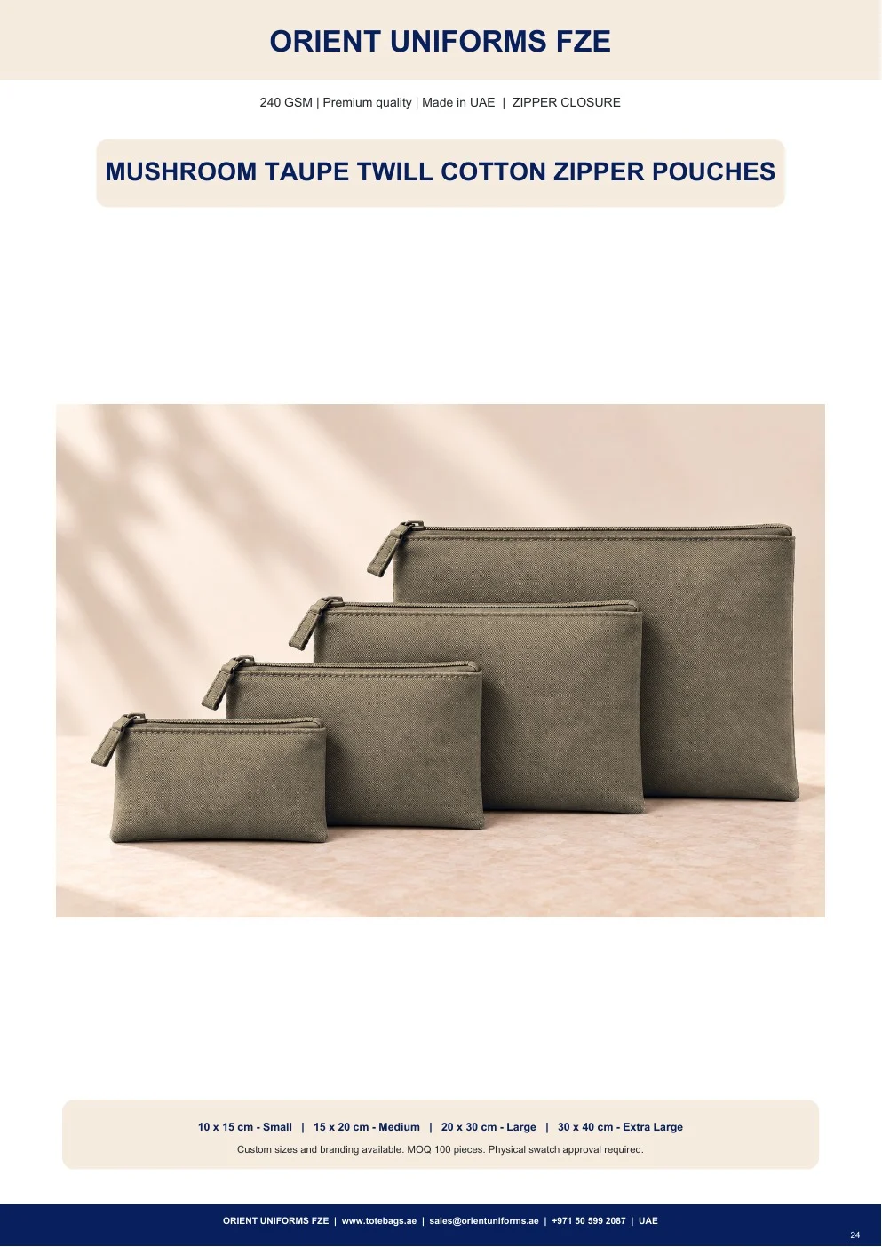 Mushroom Taupe Twill Cotton Zipper Pouches