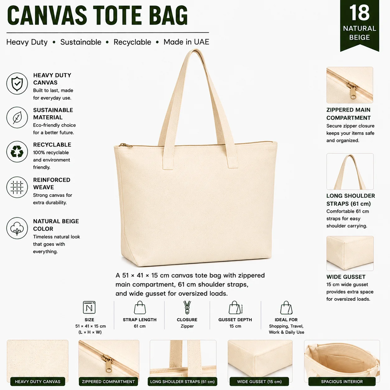 Natural Beige Canvas Tote Bag Carryall Shopper