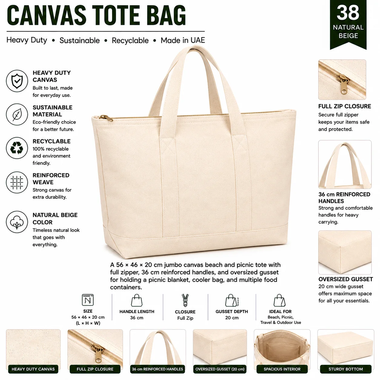 Natural Beige Canvas Tote Bag Classic Shopper