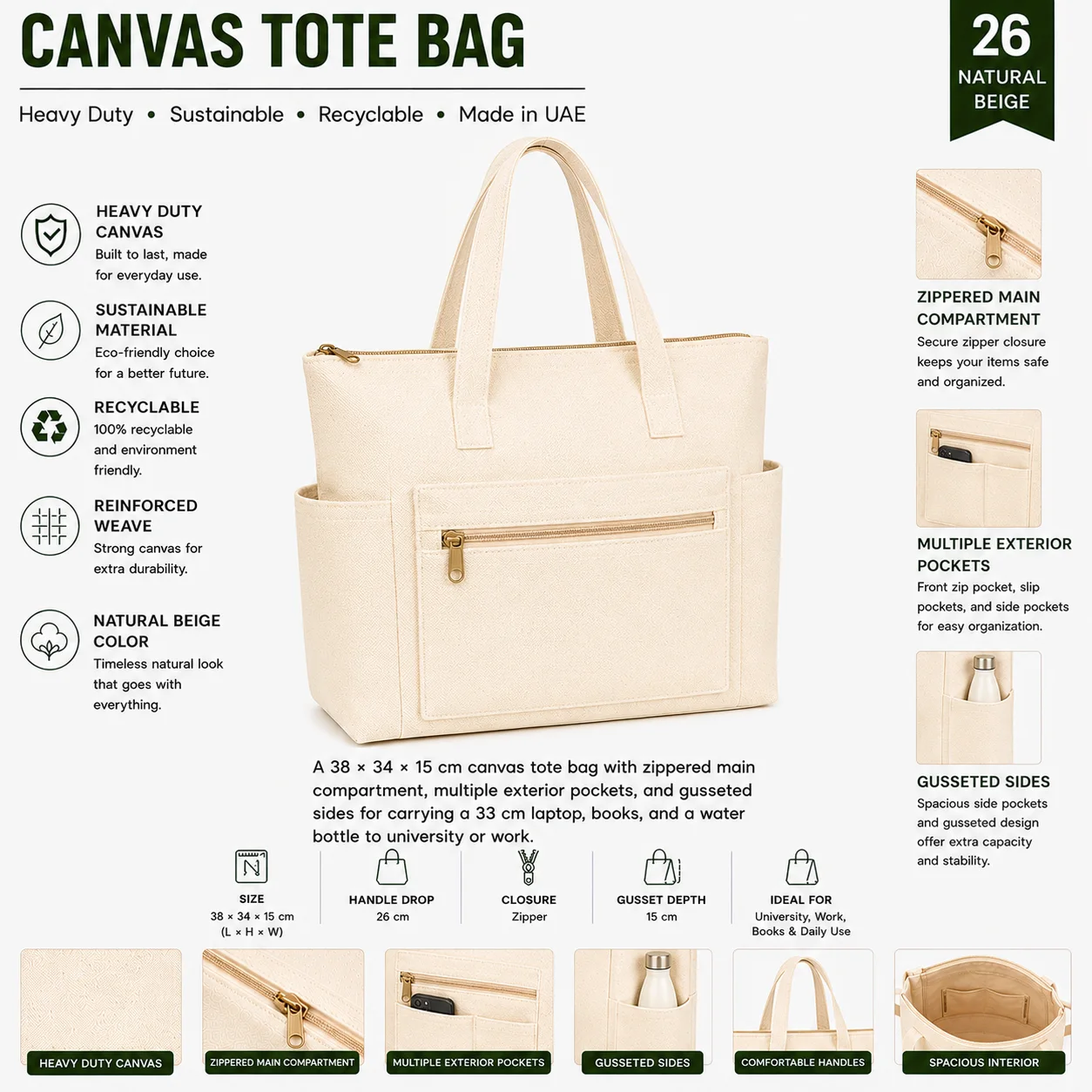 Natural Beige Canvas Tote Bag Event Shopper