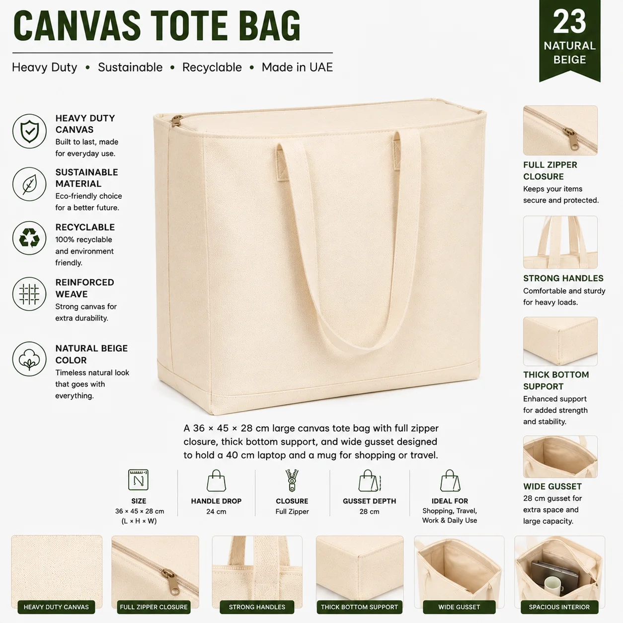 Natural Beige Canvas Tote Bag Multi Use Shopper