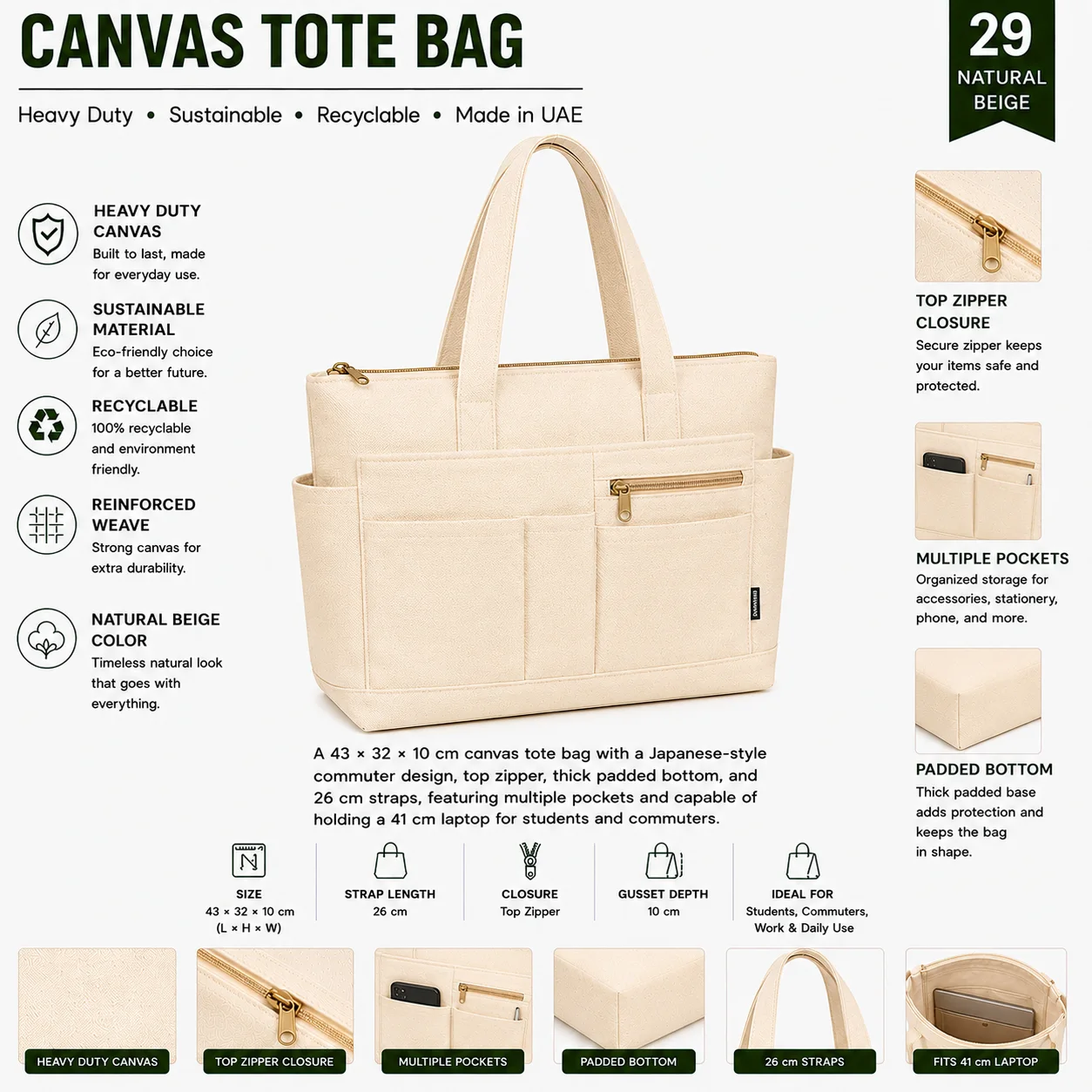 Natural Beige Canvas Tote Bag Reusable Shopper