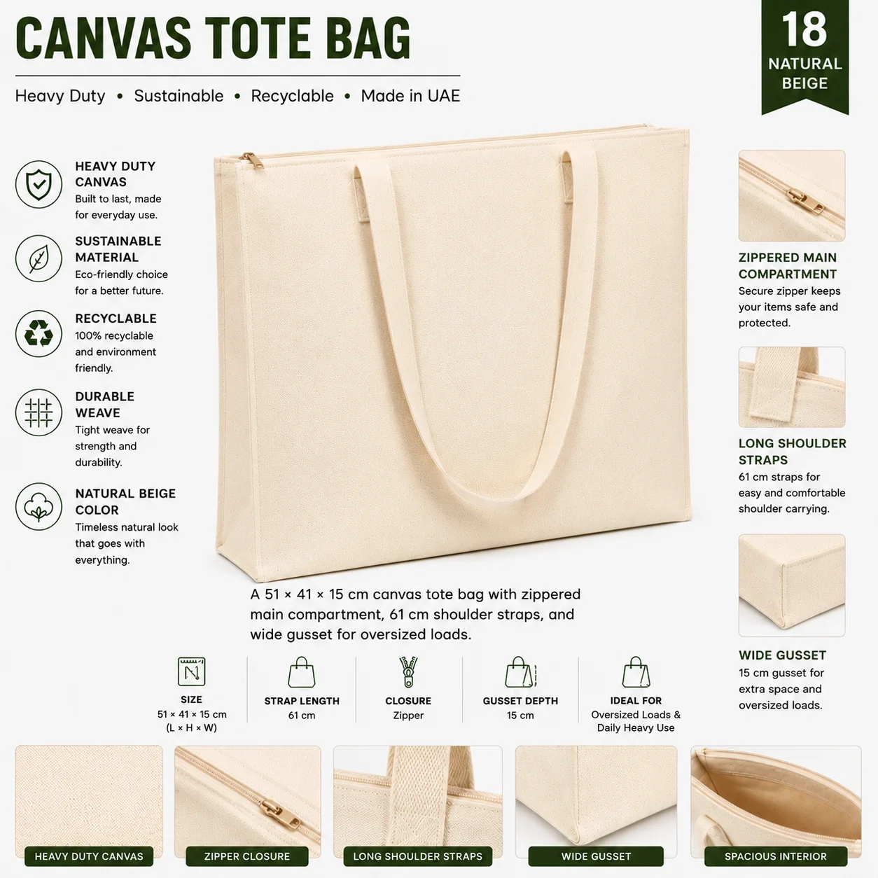 Natural Beige Canvas Tote Bag School Shopper