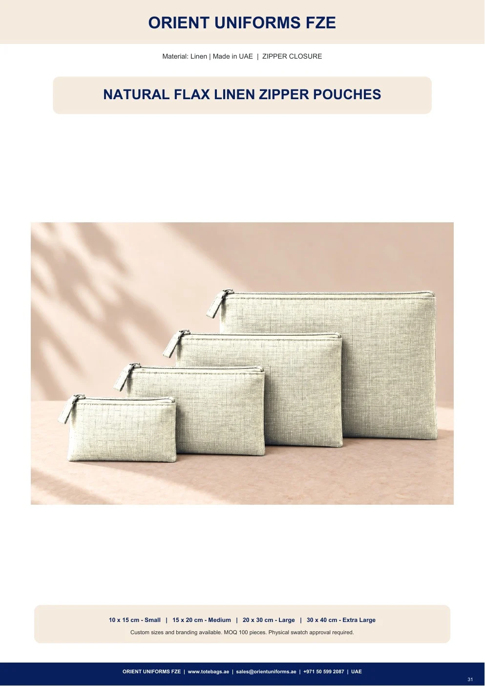 Natural Flax Linen Zipper Pouches