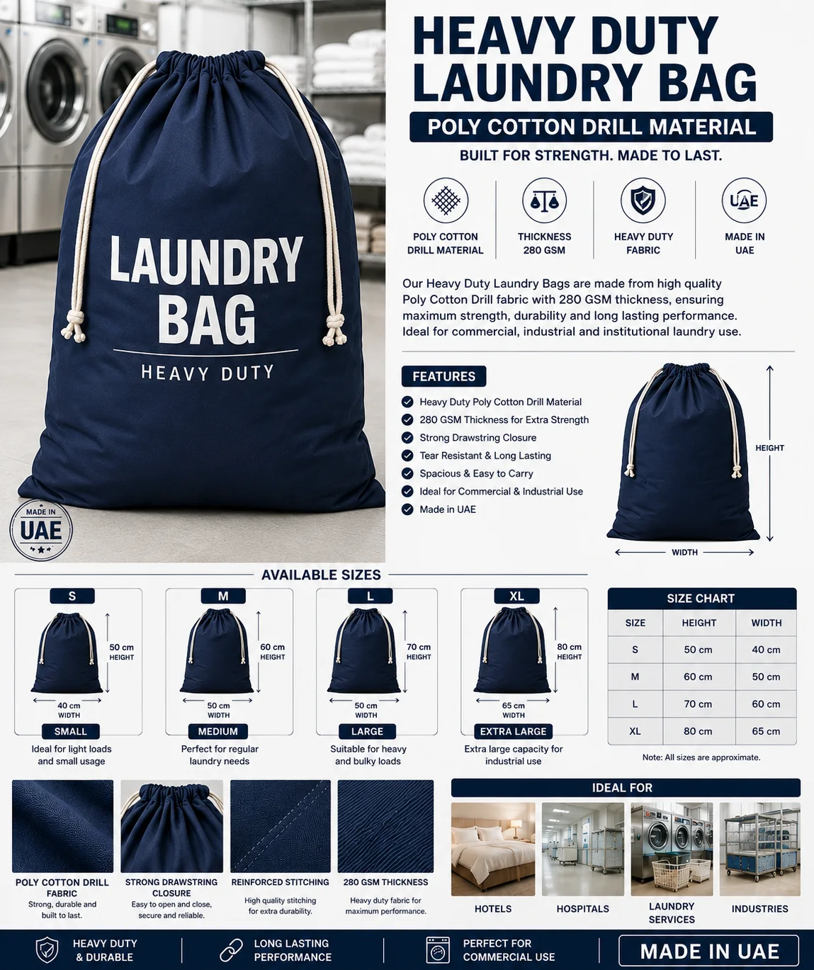 Navy Blue Heavy Duty Drill Commercial Laundry Bag Navy Blue Heavy Duty Drill Commercial Laundry Bag